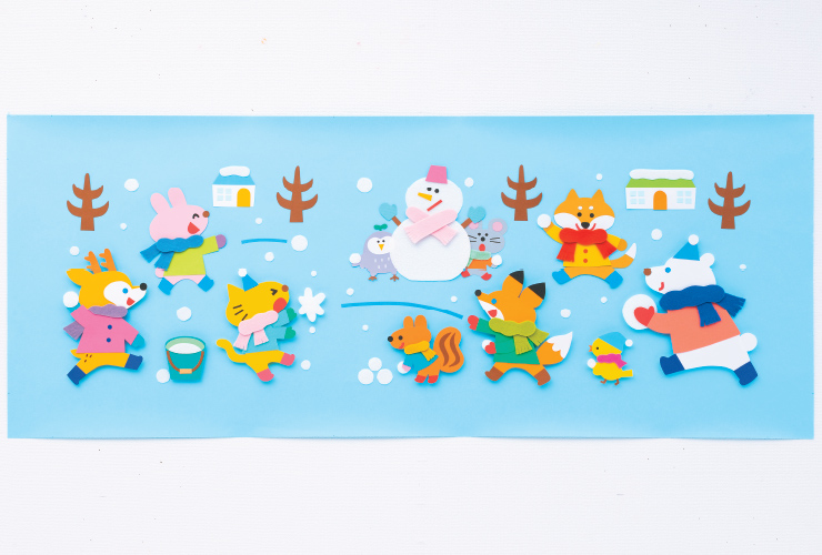動物たちでにぎやかな壁面「雪合戦、たのしいな♪」