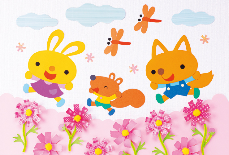 さわやかな秋を感じて「秋⾵にゆらゆらコスモス畑」壁⾯