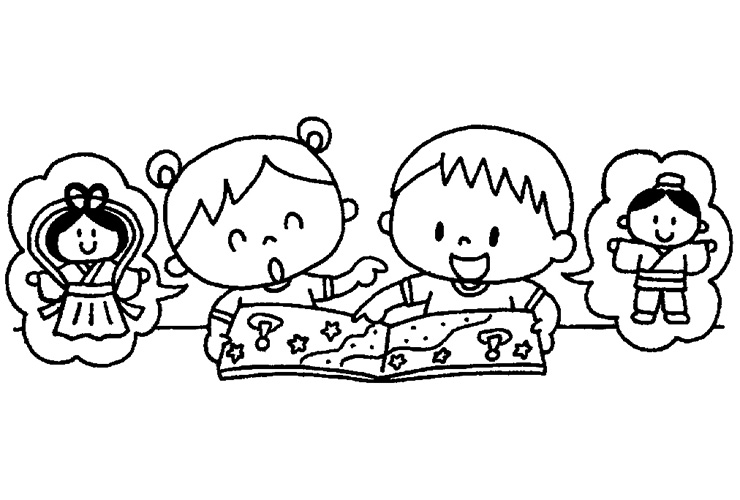 たなばたの絵本を読む園児のイラスト