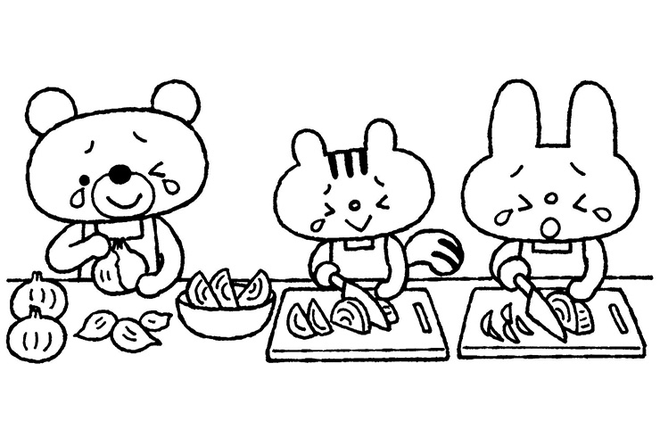 たまねぎを刻む動物たちのイラスト