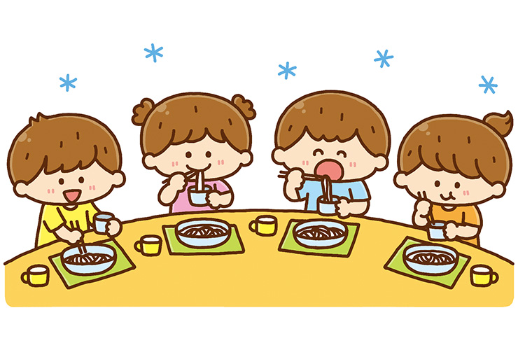 そうめんを食べる園児のイラスト