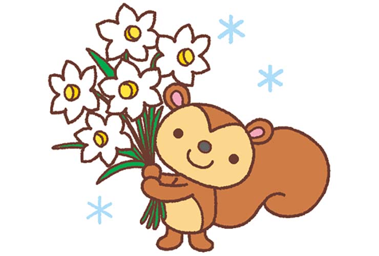 スイセンの花とリスのイラスト