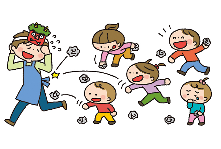 園児と保育者の豆まきごっこのイラスト