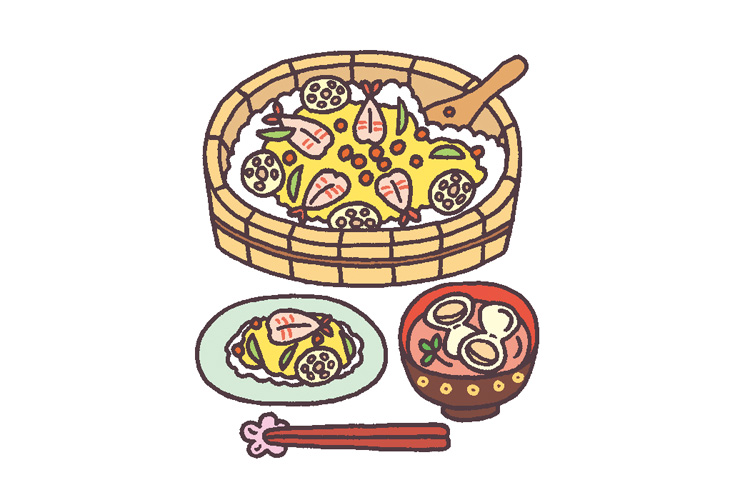 ちらし寿司とはまぐりのお吸い物のイラスト