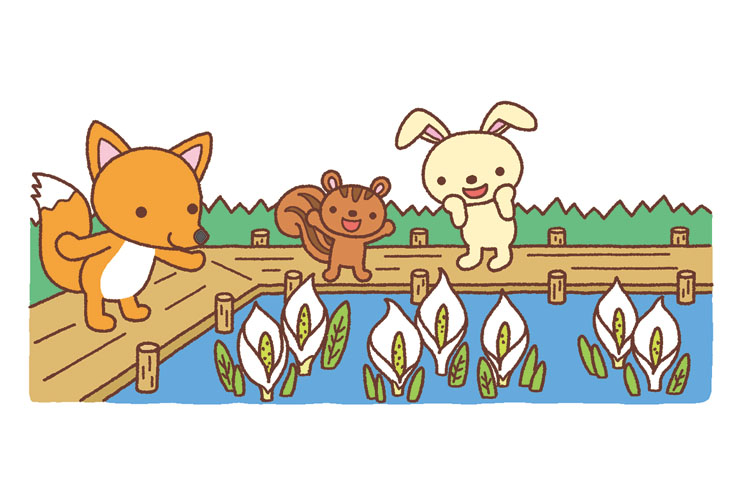 水芭蕉と動物たちのイラスト