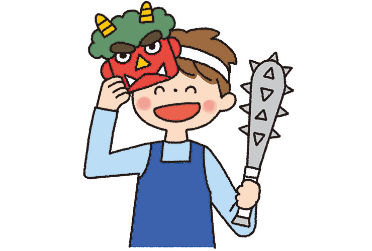 鬼のお面をつけた保育者のイラスト