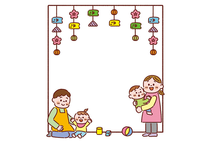 5月の乳児と吊るし飾りのイラスト