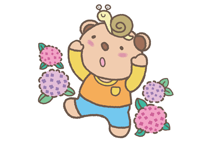 かたつむり、あじさいと6月の乳児のイラスト