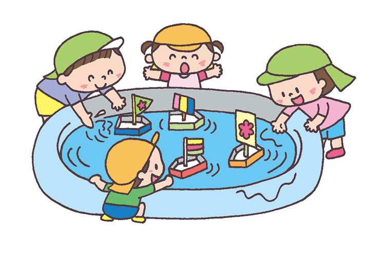 プールでのヨットあそびのイラスト