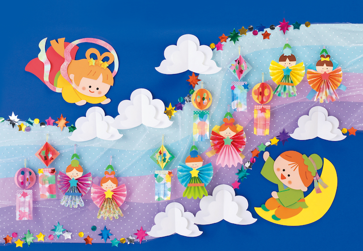 染め紙の吹き流し／じゃばら折りの織り姫・彦星