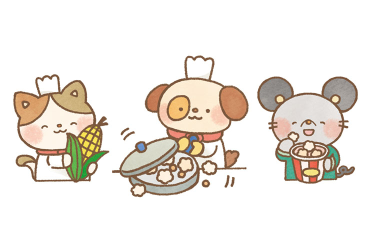 ポップコーンを作って食べる動物たちのイラスト