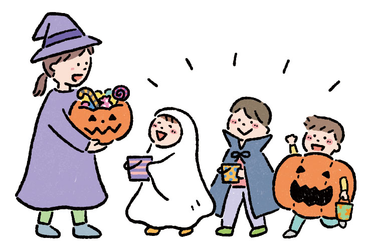 ハロウィンのお菓子をもらう子どもたちのイラスト