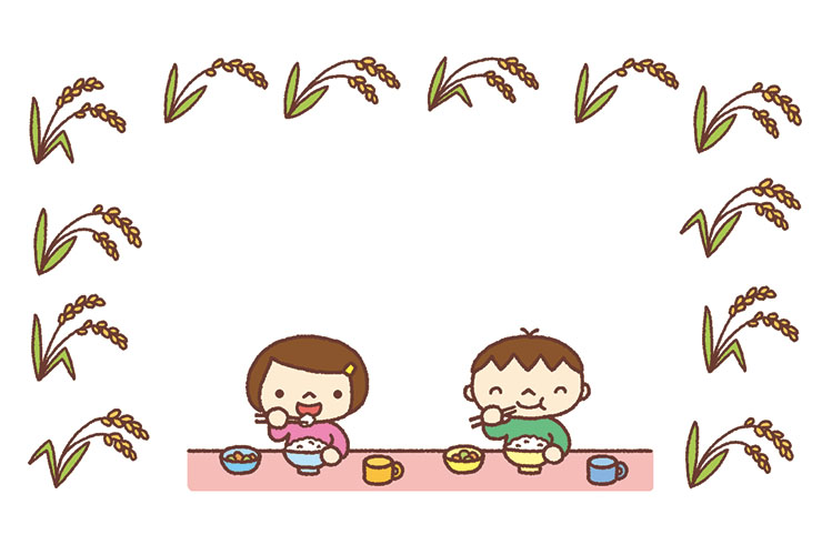 お米を食べる子どもたちと稲穂の飾り枠