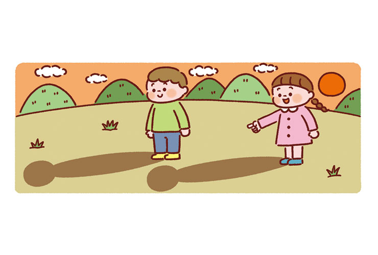長く伸びた影を見る子どもたちのイラスト