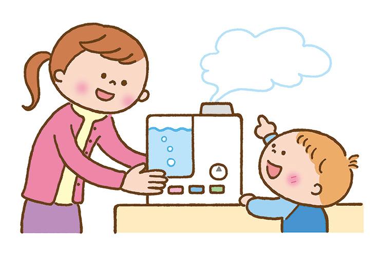 加湿器を使う子どもと保護者のイラスト