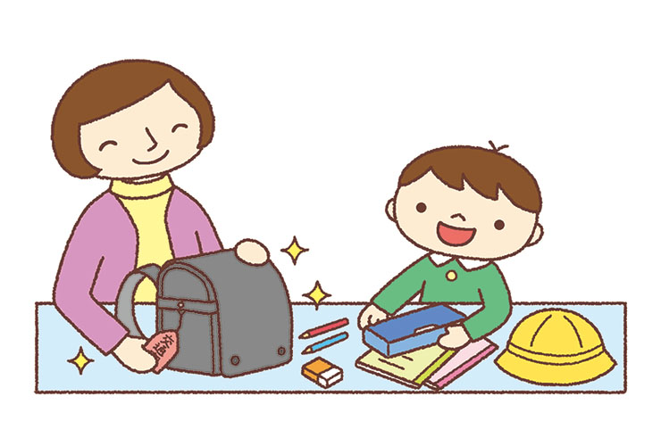 入学準備をする園児と保護者のイラスト