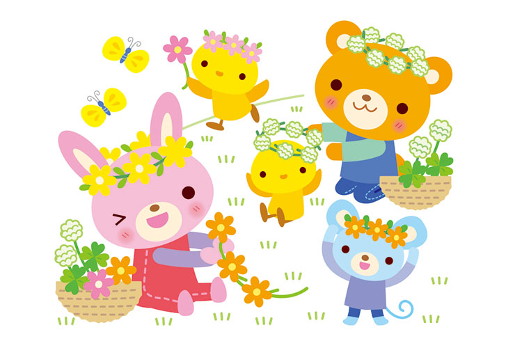 花かんむりを作る動物たちのイラスト