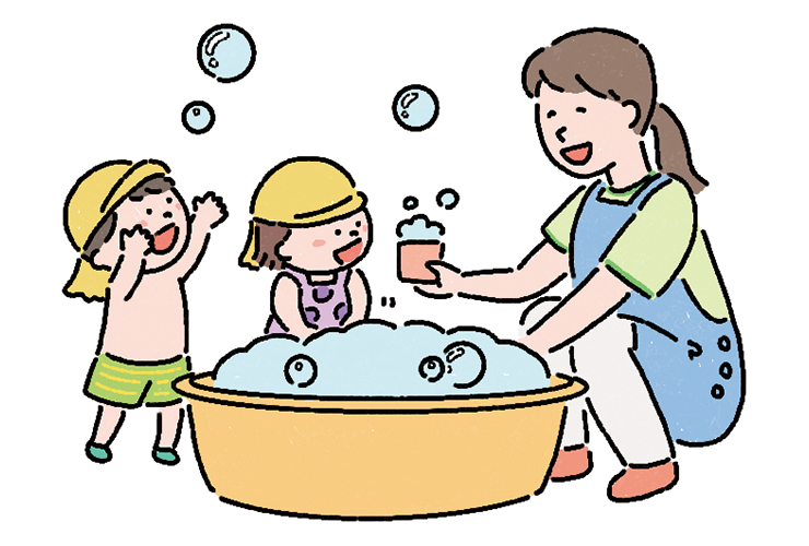 シャボンあそびをする園児と保育者のイラスト