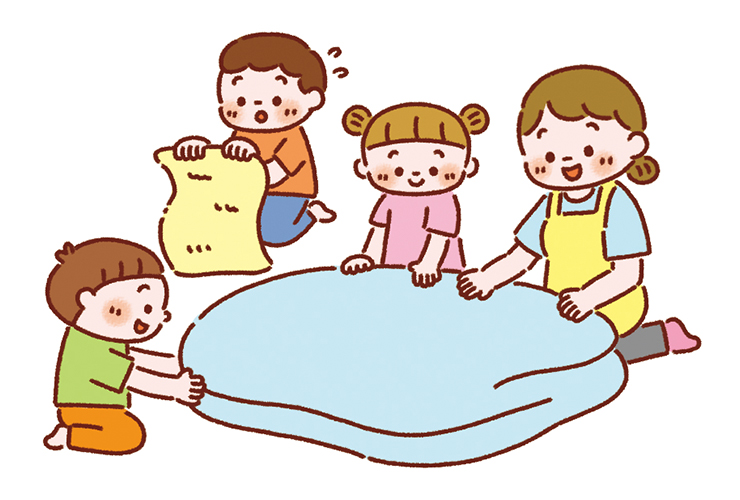 布団をたたむ園児と保育者のイラスト