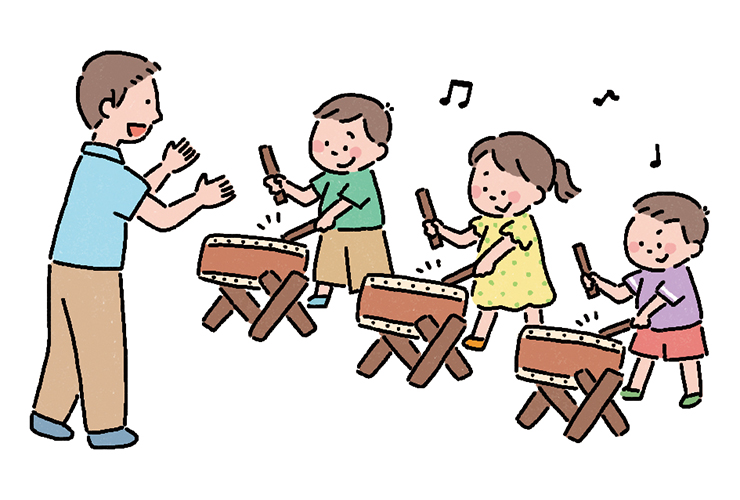 和太鼓の練習をする園児と保育者のイラスト
