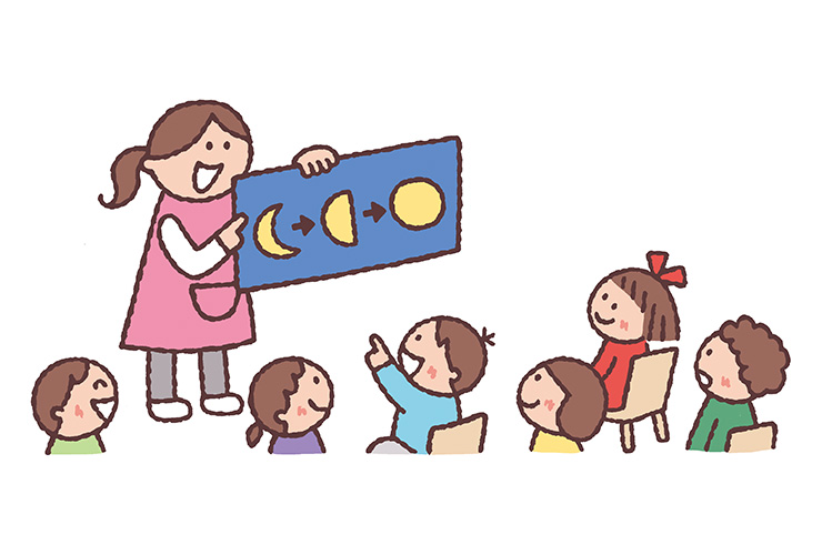 月の満ち欠けについて学ぶ園児のイラスト