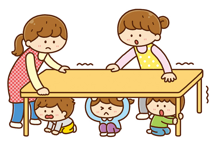 防災訓練で机の下に隠れる園児のイラスト