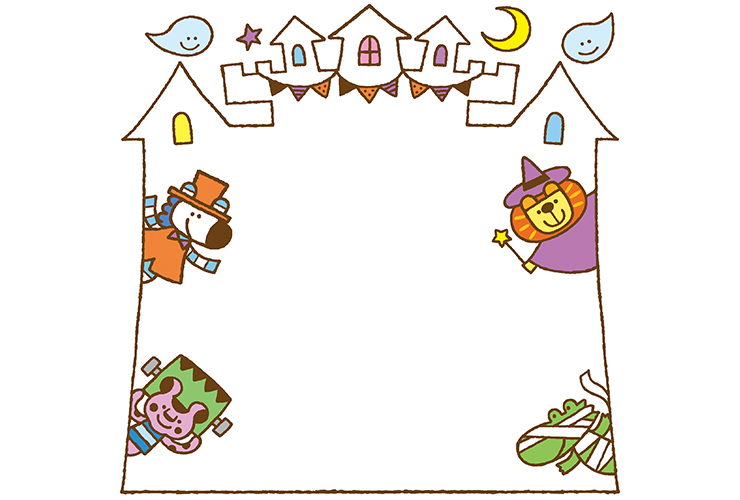 仮装した動物たちとハロウィンの飾り枠