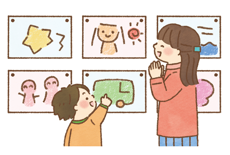 絵の掲示を見る園児と保育者のイラスト