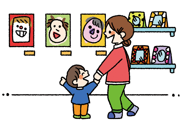作品展に訪れた子どもと保護者のイラスト